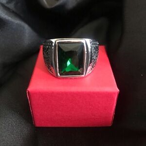 Mens Stainless Steel Ring with Green Simulated Emerald